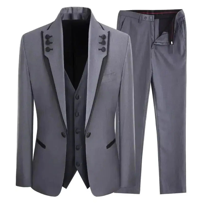 Men Suit 3 Piece Gray Single Button With Black Ruffle For Wedding Groom Banquet Birthday Work Tuxedo Jacket Vest With Pants