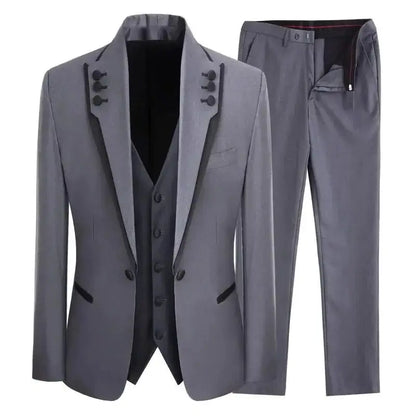 Men Suit 3 Piece Gray Single Button With Black Ruffle For Wedding Groom Banquet Birthday Work Tuxedo Jacket Vest With Pants