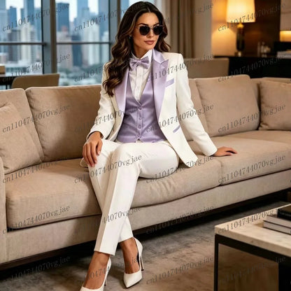 White And Light Purple Formal Business Women Suit Wedding Party Prom Ladies Mother Girl Tuxedos 3 Piece Set Blazer Vest Pants