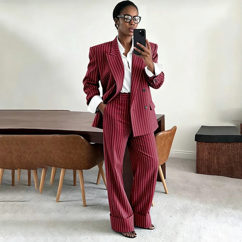 Neutral Gray Pinstripe Oversized Matching Sets Double Breasted Women's Suit Casual Formal 2-Piece(Jacket+Pants) Office Set