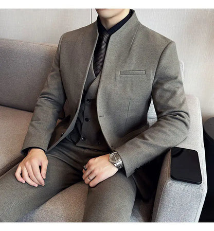 Men's 3-Piece Slim Fit Stand Collar Suit – Wedding, Prom & Office Formal Set