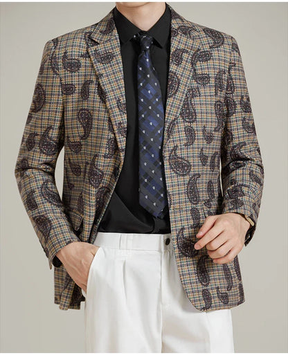 Autumn Winter Cashew Plaid Suit Jacket Men Fashion Casual Embroidered Jacquard Suit Jackets Business Social Party Men Blazers