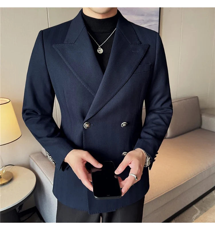 Autumn Winter Thickened Woolen Suit Jacket Men Double-breasted Casual Business Blazers Slim Fit Wedding Social Dress Coat M-4XL