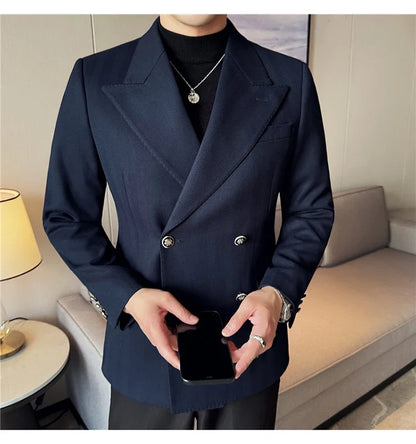 Autumn Winter Thickened Woolen Suit Jacket Men Double-breasted Casual Business Blazers Slim Fit Wedding Social Dress Coat M-4XL
