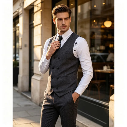 Men's Herringbone Vest Double Breasted Slim Fit Waistcoat for Weddings and Formal Occasions