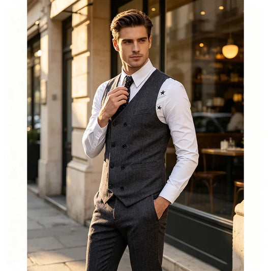 Men's Herringbone Vest Double Breasted Slim Fit Waistcoat for Weddings and Formal Occasions