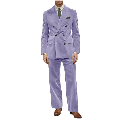 Men's Corduroy Suit 2 Piece Retro Double Breasted Peak Lapel Blazer Straight Leg Pants Formal Set Business Casual Wedding Party