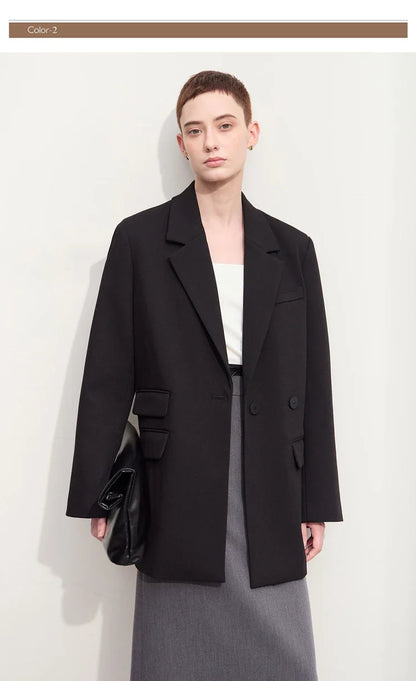 Blazers For Women 2026 Autumn New Black Jacket Notched Double Buckle Loose Mid-length Office Lady Versatile Jackets12453040