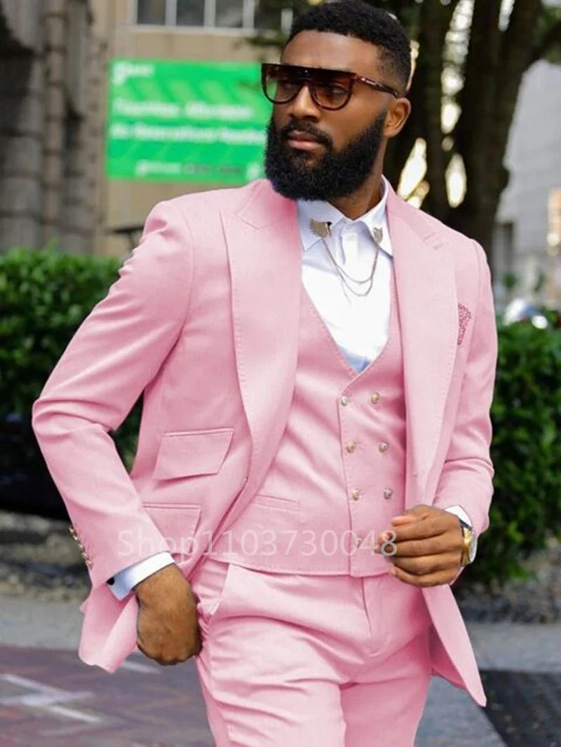 Formal Solid Men 3 Piece Wedding Suit Groom Tuxedo Slim Fit Peak Lapel Jacket Business/Wedding Suit Sets(Blazer+Pants+Vest)