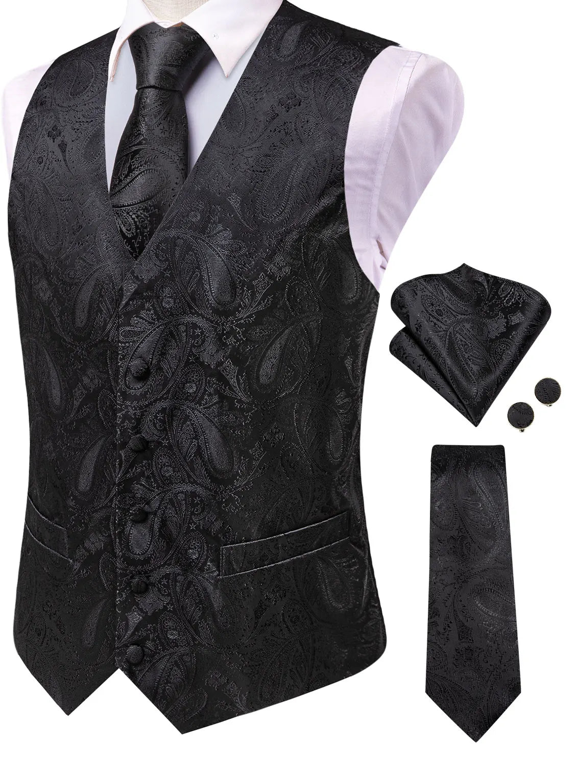 Men's Paisley Jacquard Suit Vest – V-Neck 6-Button Waistcoat with Tie & Pocket Square for Weddings