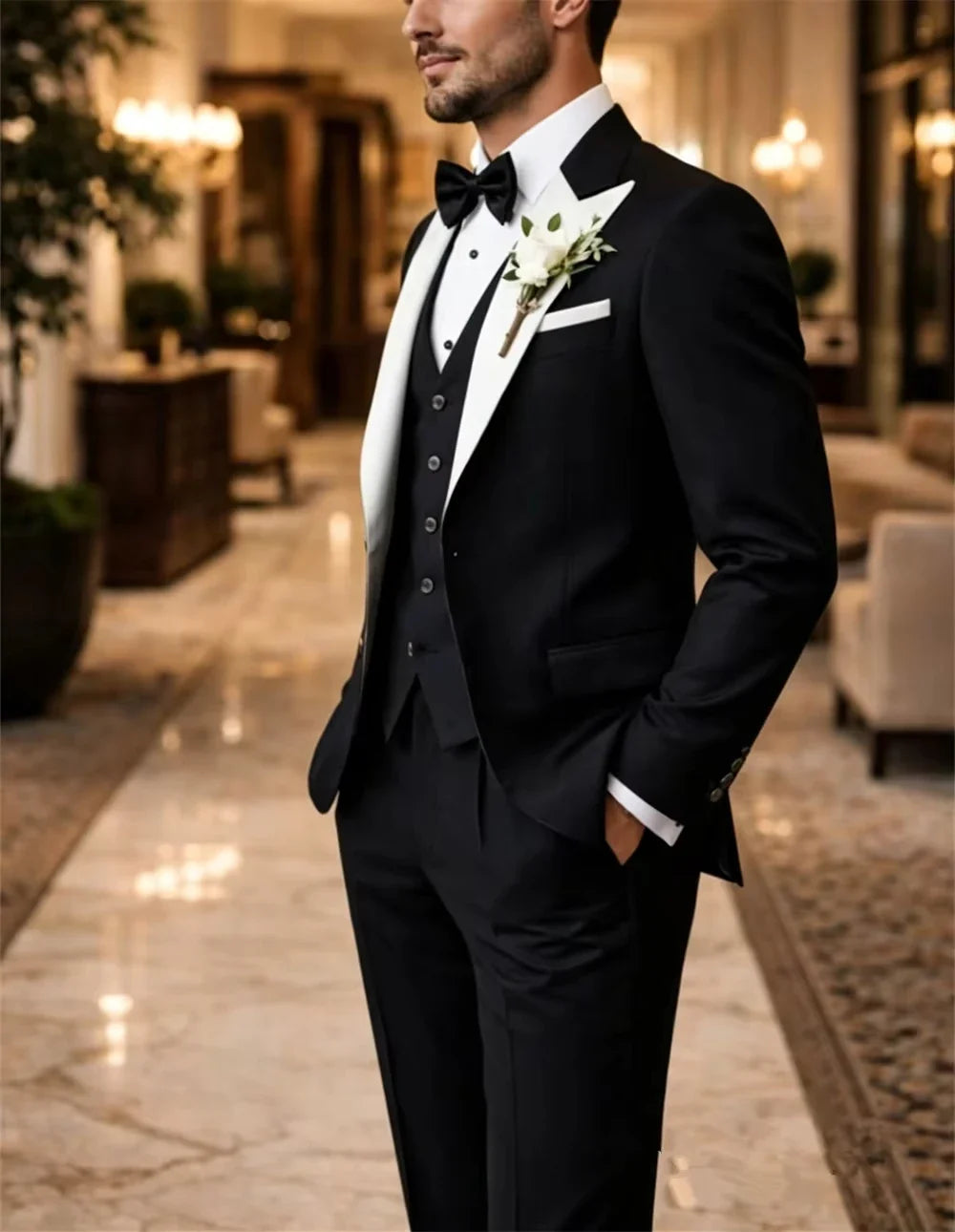Men's 3 Piece Tuxedo Suit Peak Lapel Black White Wedding Formal Wear