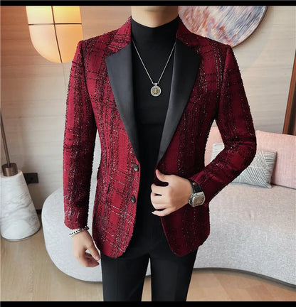 British Style Woven Suit Jacket Men Fashion Plaid Casual Business Blazer Gentleman Versatile Banquet Party Groom Wedding Coats