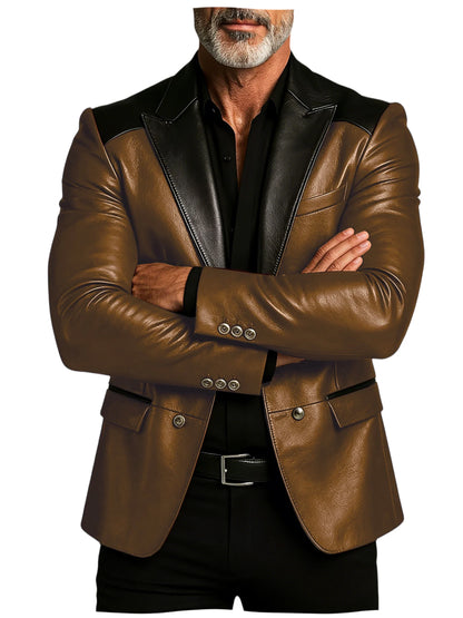 Men's PU Leather Blazer Patchwork Double Breasted Flap Pockets Notched Lapel Slim Fit Business Casual Suit Jacket Male Outerwear