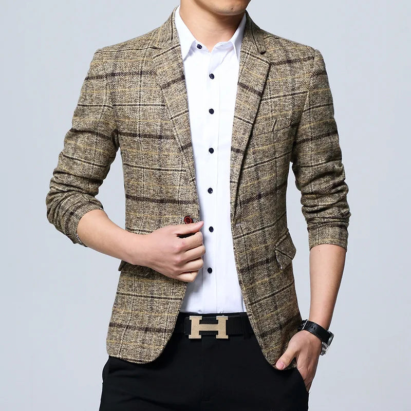 New Men's Blazers Spring Autumn Outerwear Classic British Plaid Suit Jacket Men Clothing Slim Business Casual Blazer Coat 5XL