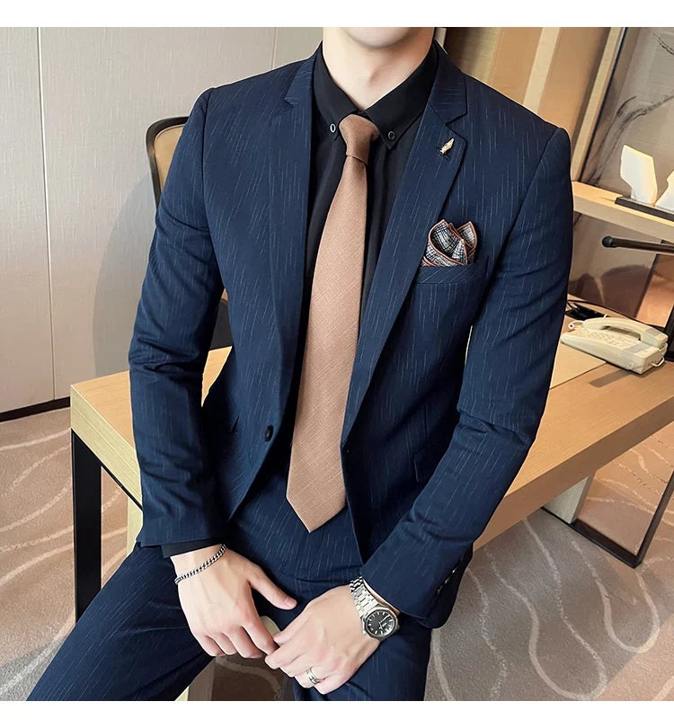 7XL 6XL(Jacket+Pant）Fashion Striped Men Slim Fit Suit Groom Wedding Tuxedo Formal Business Party Slim Fit Social Stage Costume