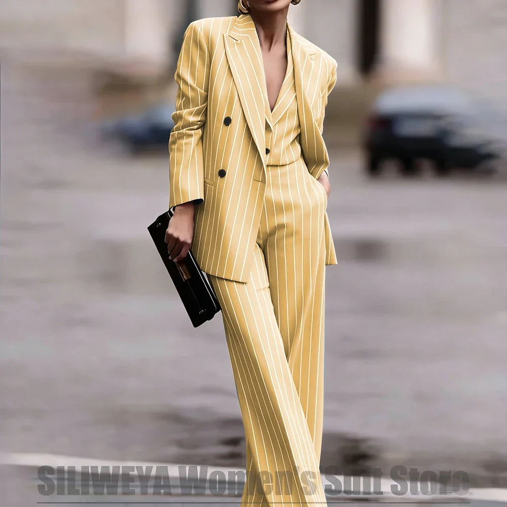 Navy Women's Striped 3 Piece Suit Double Breasted Blazer Vest Wide-Leg Pants Set Fashion Formal Party Office Casual Outfit