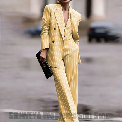 Navy Women's Striped 3 Piece Suit Double Breasted Blazer Vest Wide-Leg Pants Set Fashion Formal Party Office Casual Outfit