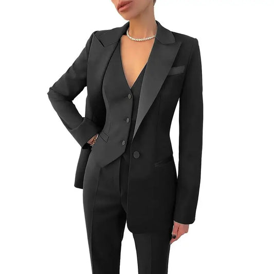 Solid 3Pcs Set Trousers Suit Fashionable Warm High Waist for Holiday Suit Peak Lapel Jacket Pants Office Women Pants Suits Set