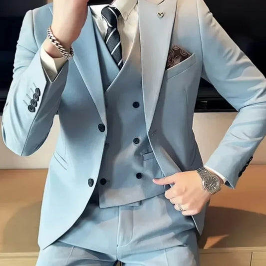 Chinese style collarless wool men's suit slim fit business suit wool suit 3-piece set wedding formal men's suit