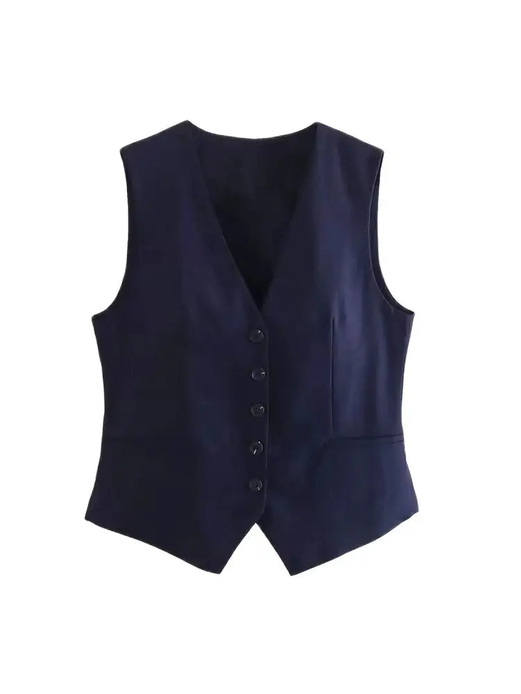 Women Fashion Front Button Linen Blend Waistcoat Vintage V Neck Sleeveless Female Outerwear Chic Vest Tops