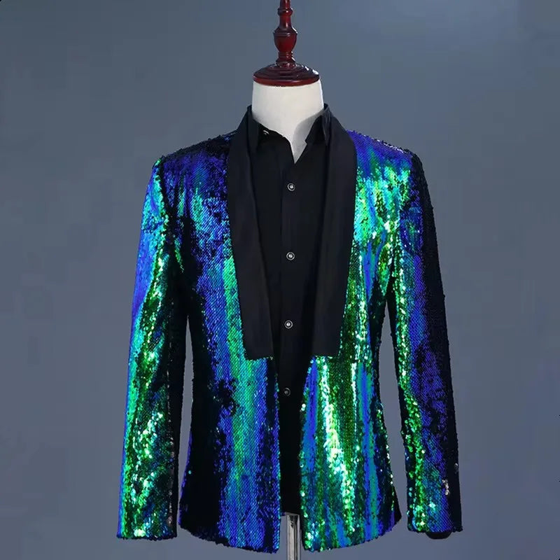 Men's Double-Sided Sequin Tuxedo Blazer Fashion Glitter Suit Jacket Prom Evening Party Host Stage Nightclub Male Singer Costume