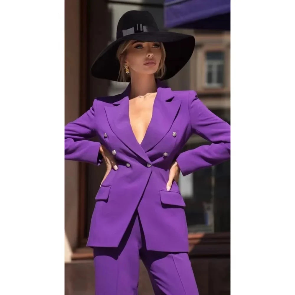 2 Piece Women Suits Purple Pant Sets Double Breasted Peak Lapel Tuxedo Prom Party Fashion Daily Casual Office Long Sleeve