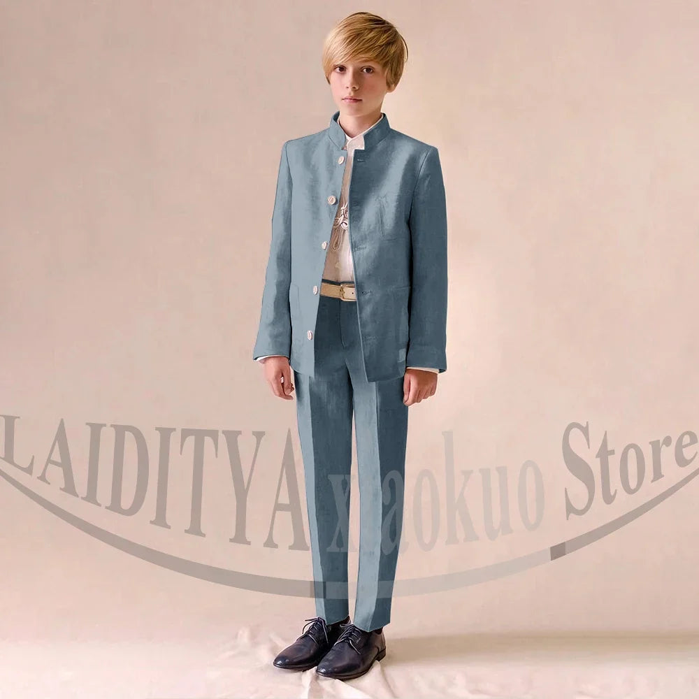Chic Linen Boy Suits Fashion Stand Collar Single Breasted Blazer with Pants Formal Wedding Tuxedo Daily Casual Kids Clothes