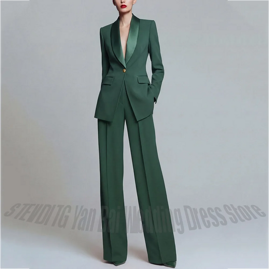 Green Satin Shawl Lapel Women Suit Gold Single Button Fitted Blazer Pants Two Piece Formal Suit Wedding Guest Gala Outfit
