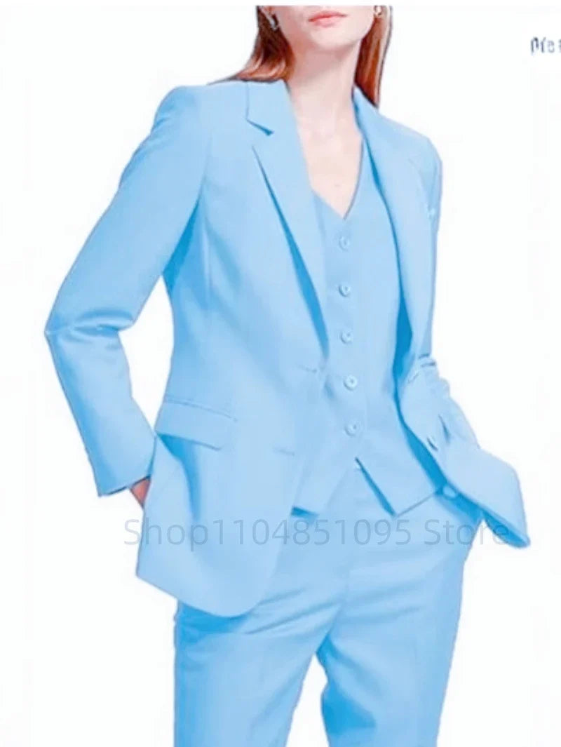 Office Ladies Pantsuits Solid Women Business Classic Single Breasted Flared Pants Blazer Vest Pants Three Piece Set Formal Suit