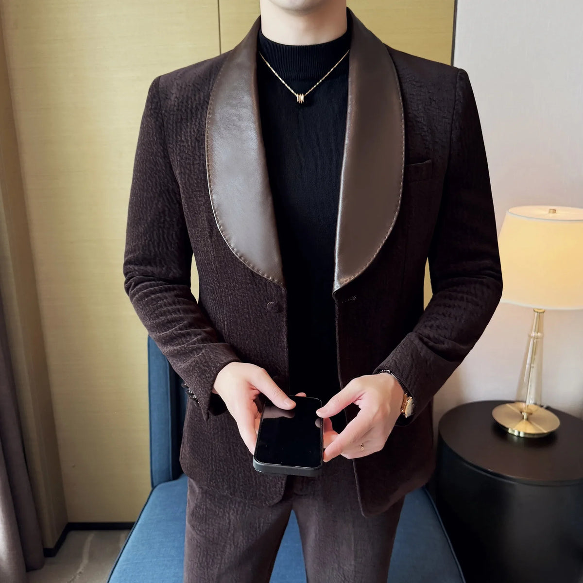 British Style PU Patchwork Suit for Men Casual Business Wedding Suits 2 Pieces Set (jacket+pant) Office Work Party Prom Suit