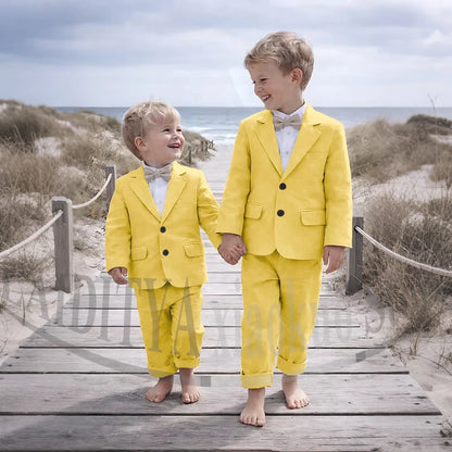 Beige Linen 2 Pieces Boys Suit Jacket Pants Kids Ring Bearer Outfit Breathable Summer Beach Wedding Birthday Party Costume