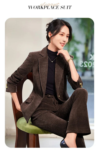 2024 Autumn New Corduroy Elegant Pant Suit Ladies Formal Business Work Wear 2 Piece Set Green Wine Jacket Blazer And Trouser