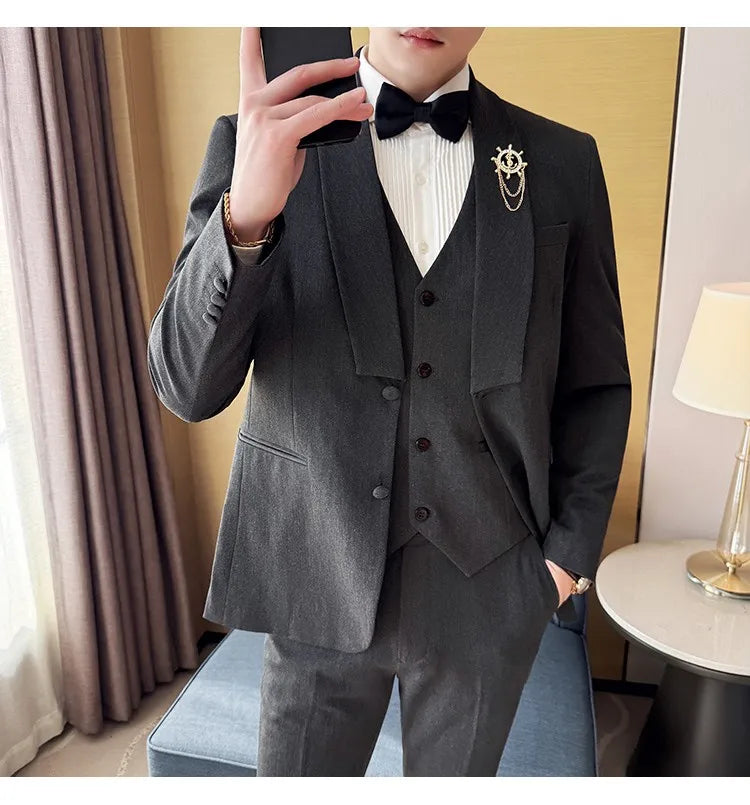 High Quality Casual Business Suit Set Men Slim Fit Social Wedding Groom Formal Set 3 Piece Set (jacket+vest+pant）men Clothing
