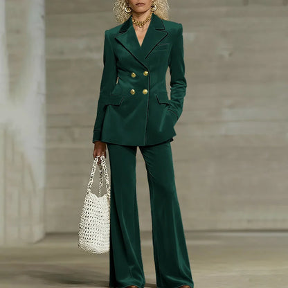 Luxury Women Yellow Velvet Clothing Double-Breasted Blazer+Pants Sets Elegant Winter Daily Suit Slim Fit Office Outerwears