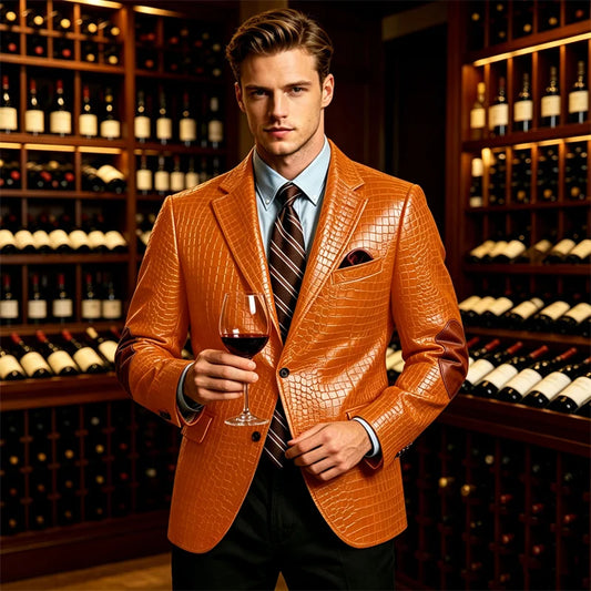 Men's Blazer Crocodile Pattern PU Leather Single-Breasted Two Button Elbow Patches Slim Fit Business Wedding Party Casual Jacket