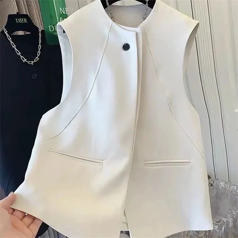 Ladies Solid Color Vest Top Outwear Korean Femme Casual Suit Collar Sleeveless Jacket Spring Women Fashion Loose Waistcoat Coat
