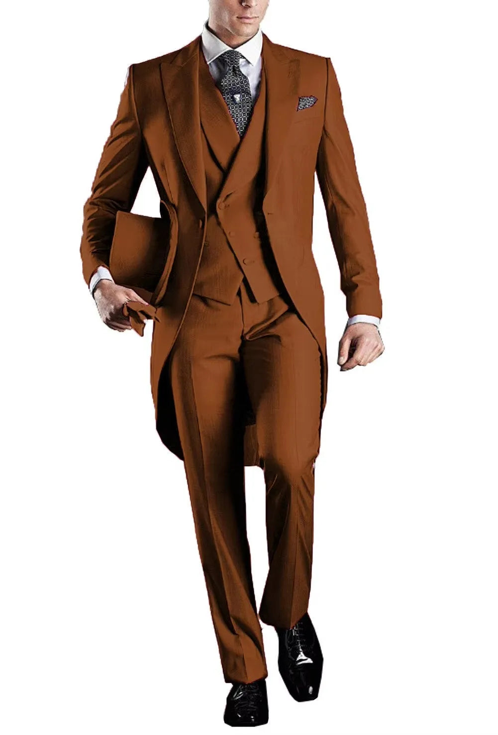 Men's 3-Piece Solid Long Tailcoat Tuxedo Set Formal Wedding Groom Clothing Jacket Pants Vest for Prom Party Fashion Male Suits