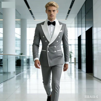 Ensemble décontracté 2 pièces pour homme avec blazer à revers blanc et pantalon noir Costume de mariage pour témoins pour cérémonie et fête