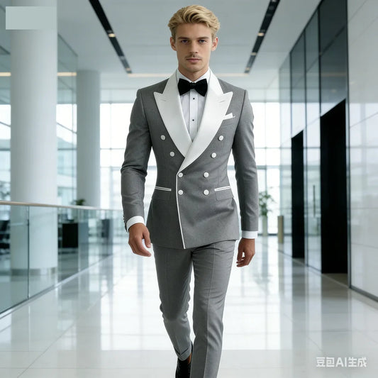 Ensemble décontracté 2 pièces pour homme avec blazer à revers blanc et pantalon noir Costume de mariage pour témoins pour cérémonie et fête