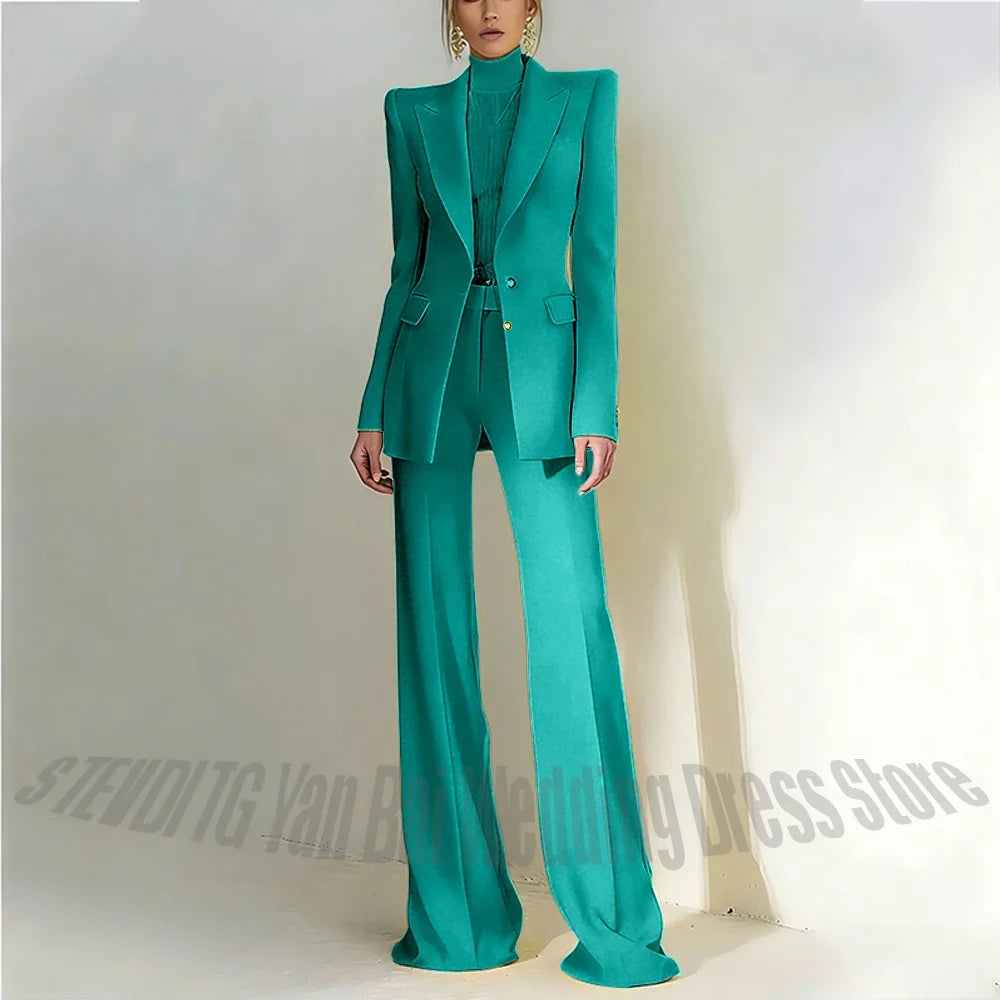 Women Pant Suit 2 Piece Set Office Female Business Work Formal Jacket Trouser One Button Chic Yellow Peaked Lapel Elegant Suit