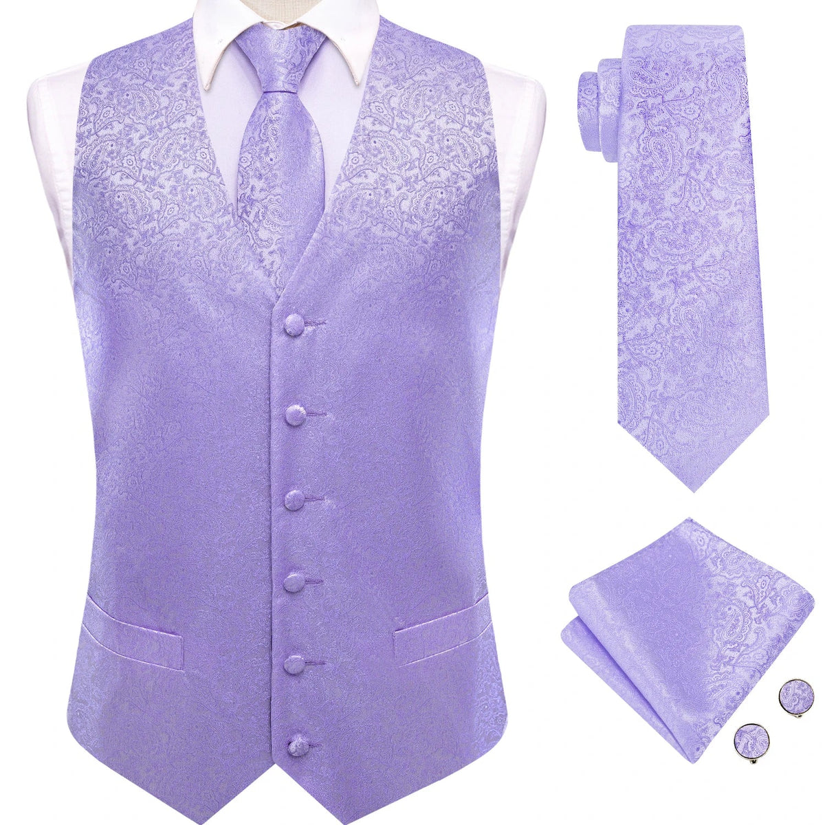 Men's Waistcoat Floral Paisley Vest with Tie Hanky Cufflinks Set for Wedding and Business