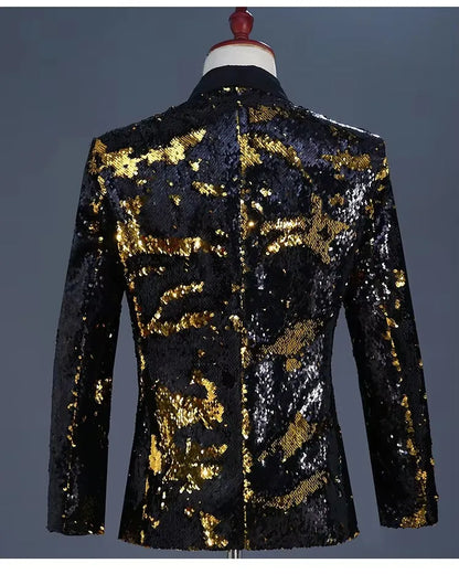 Men's Double-Sided Sequin Tuxedo Blazer Fashion Glitter Suit Jacket Prom Evening Party Host Stage Nightclub Male Singer Costume