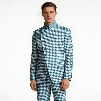 Elegant Men's Houndstooth Suit 2 Piece Mandarin Collar Slim Fit Fashion Jacket Pants Vintage Male Set For Formal Business Weddin