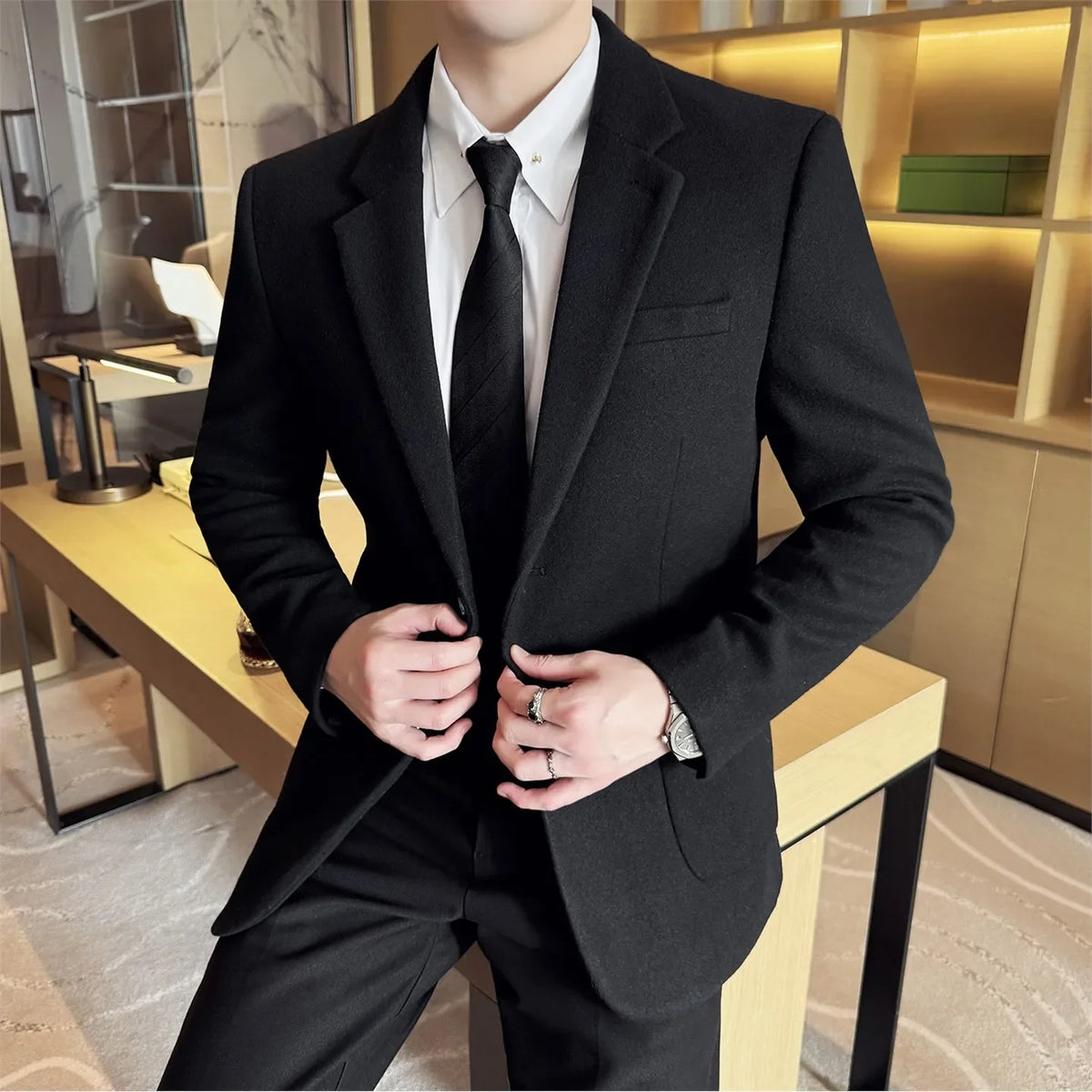 High Qualitys Thickened Wool Suit Jacket Autumn Winter New Luxury Solid Color Formal Men Business Slim Fit Social Party Tuxedo
