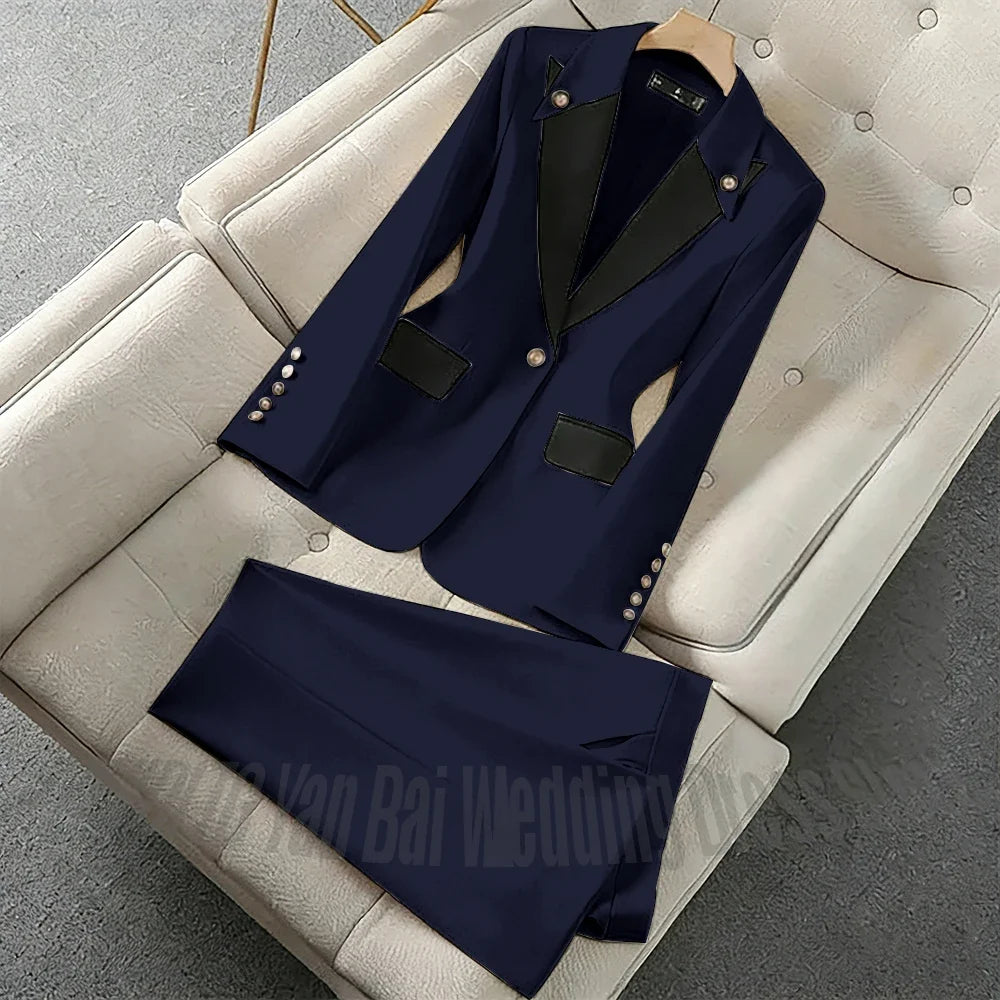 New Unique Women Pant Suit Contrast Color Modern Outfit One-Button Peaked Lapel Casual Fashion Daily Female Clothes Set 2 Piece