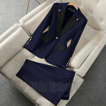 New Unique Women Pant Suit Contrast Color Modern Outfit One-Button Peaked Lapel Casual Fashion Daily Female Clothes Set 2 Piece