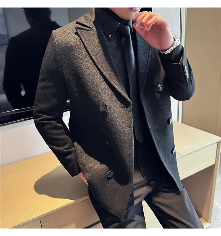 British Style Autumn Winter Thick Double Breasted Woolen Coats High Quality Men Business Casual Warm Suit Jackets Men Clothing
