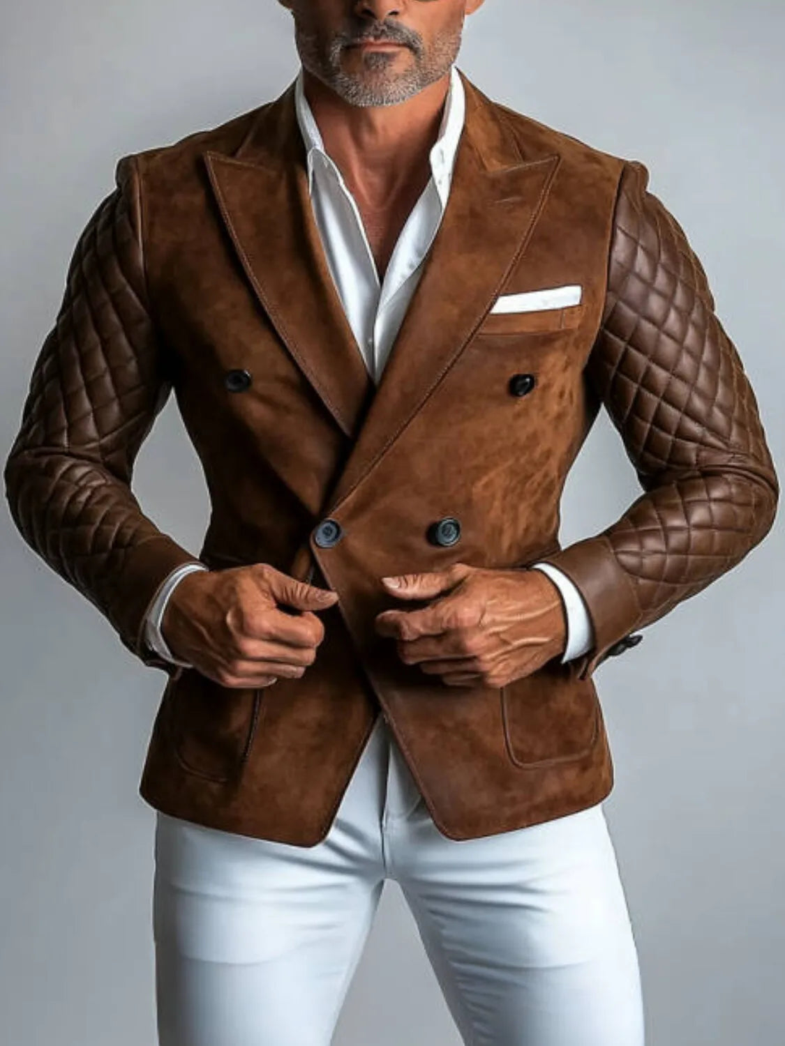Men's Slim Fit Business Blazer Double Breasted Suede Quilted Sleeve Formal Business Suit Jacket Party Work Winter Outerwear