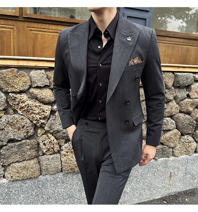 (Blazer + Trousers) Fashion Double Breasted Design Slim Men's Suit Italian Style Luxury Wedding Social Party Tuxedo 2 Piece Set
