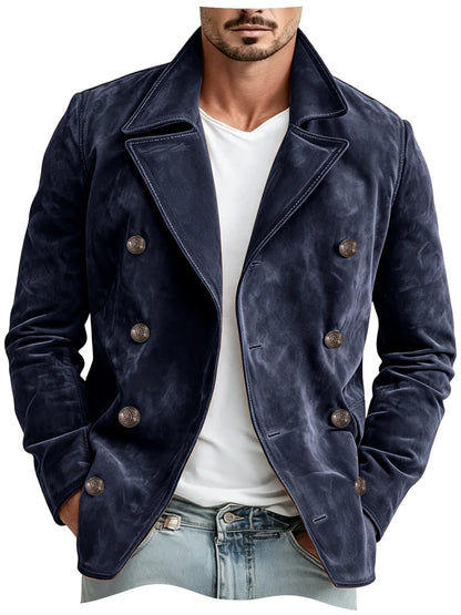 Men Faux Suede Jacket Double Breasted Lapel Collar Casual Blazer Vintage Comfort Business Office Autumn Winter Fashion Male Coat